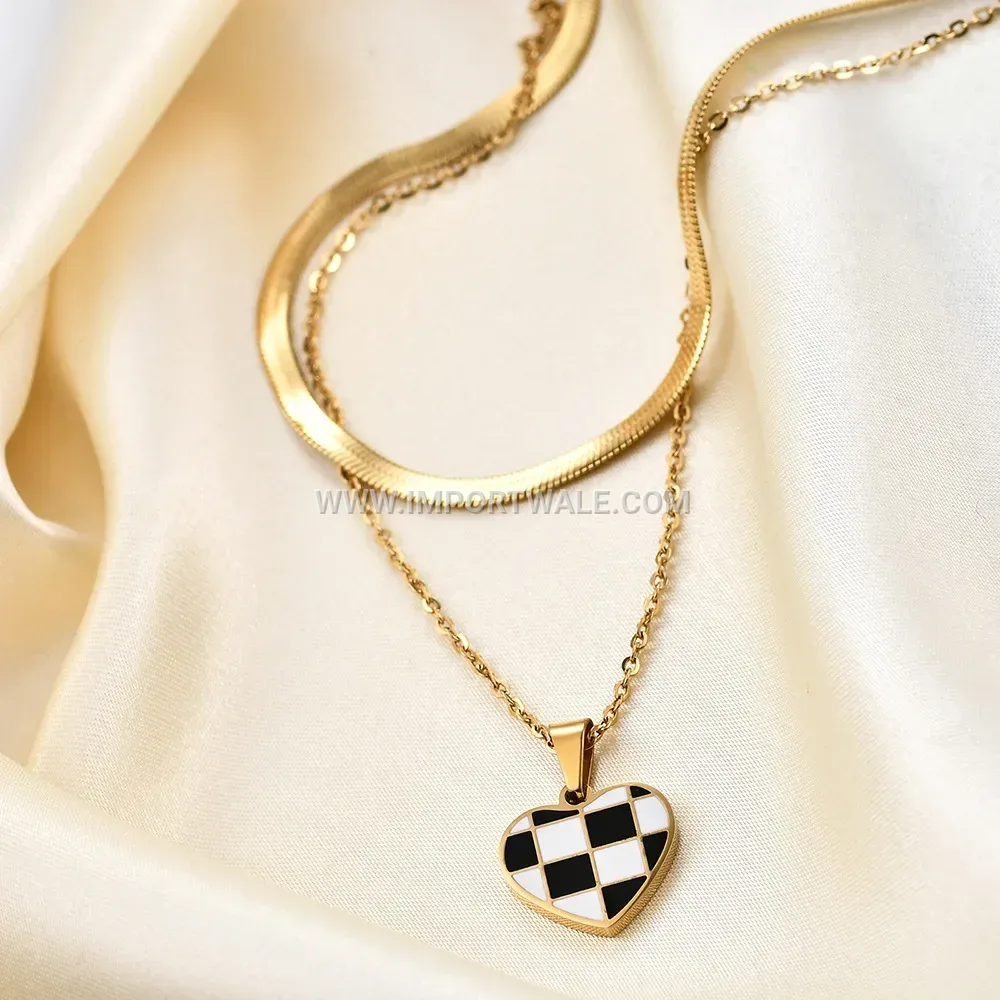 Checkerboard Enamel Heart Pendant Blade Chain Stainless Steel Necklace