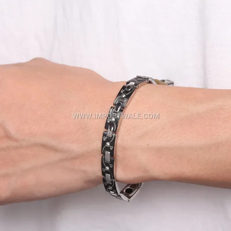 Black Rhinestone Footprint Magnetic Titanium Steel Couples Bracelet