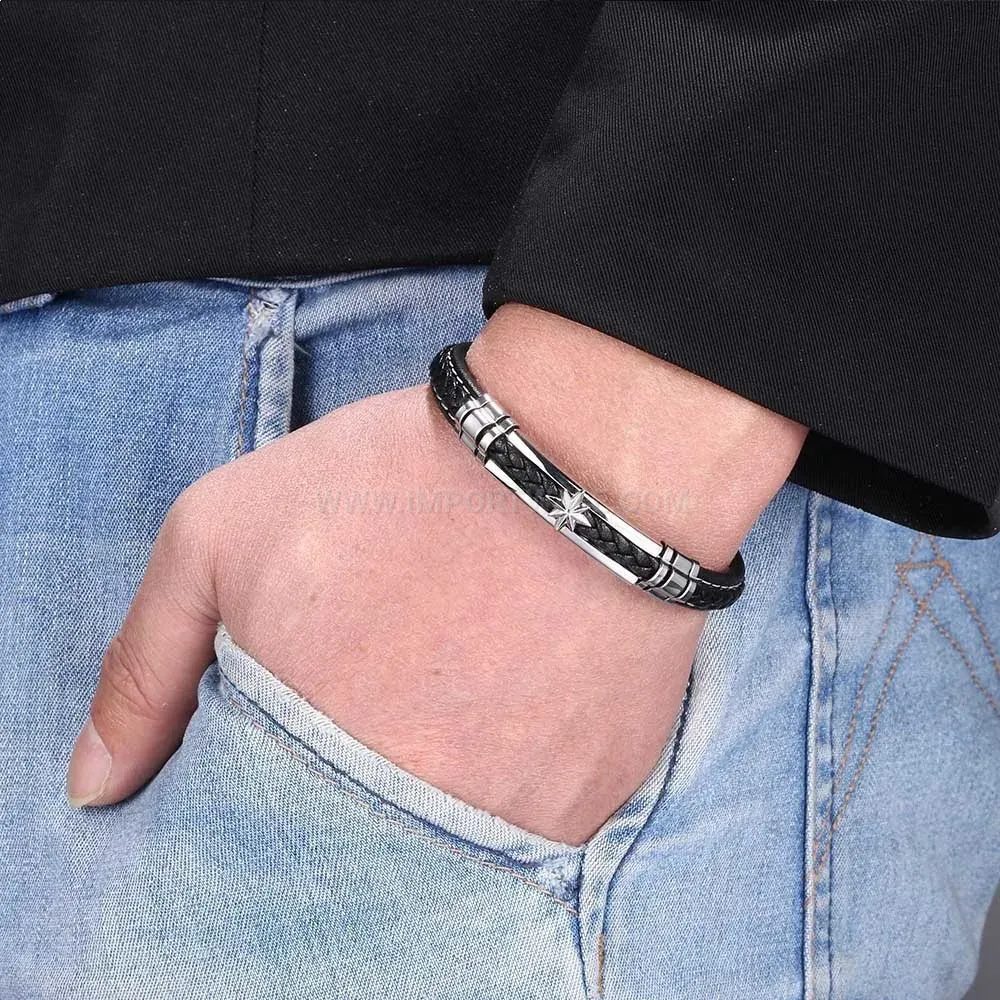Trendy Woven Leather Stainless Steel Men Bracelet