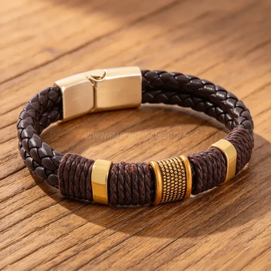 Premium Braided Leather Dual Layer Bracelet With Alloy Clasp