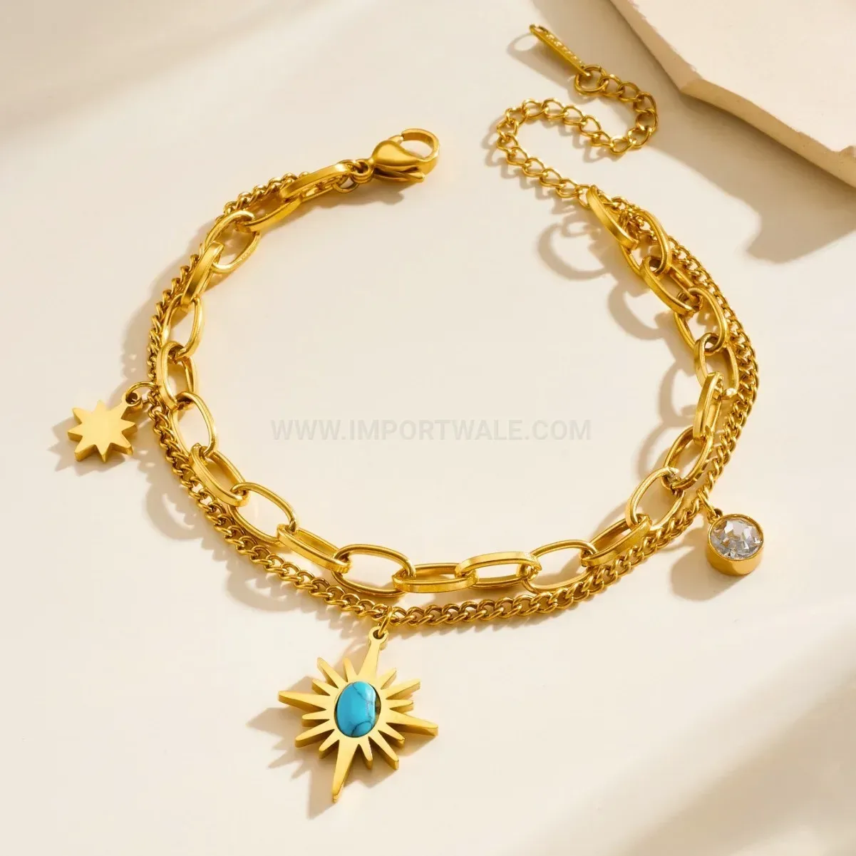 Gold Plated Stainless Steel Celestial Sun Motif Bracelet