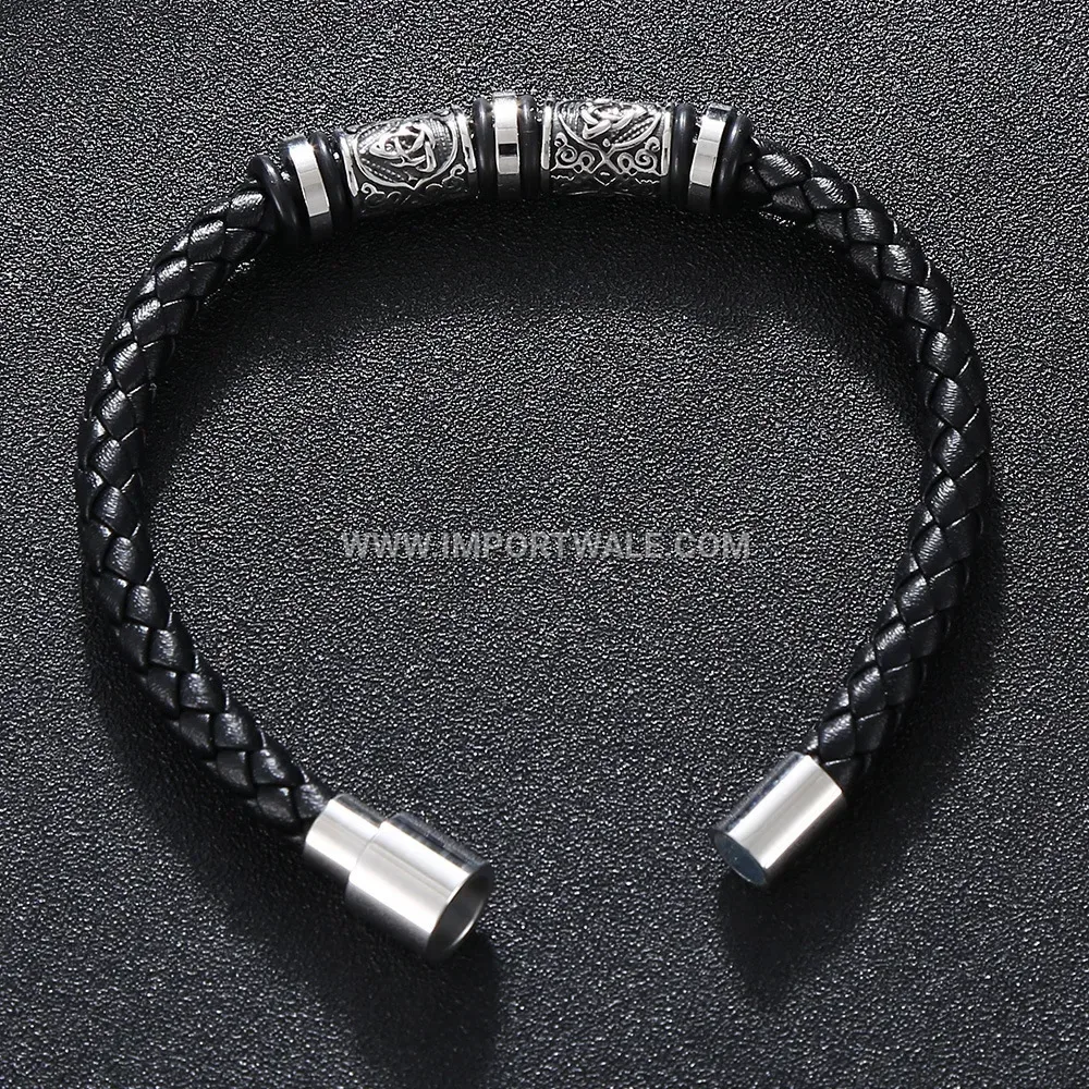 Carved Stainless Steel Viking Pattern Genuine Leather Bracelet