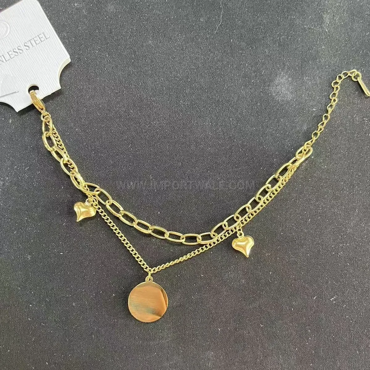 Double Layer Stainless Steel Gold-Plated Crystal Heart Disc Bracelet