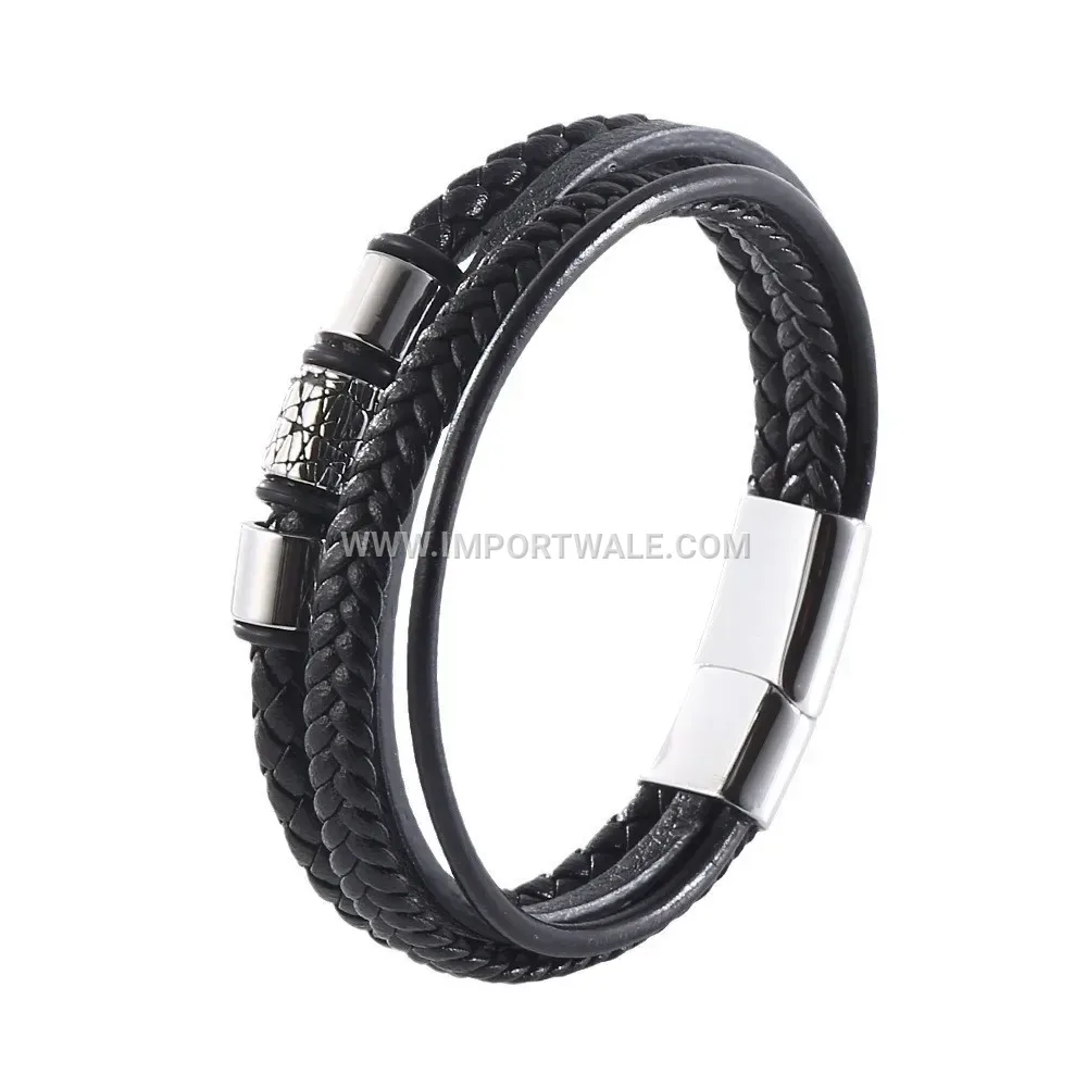 Woven Black Leather Men Bracelet with Stainless Steel Beads