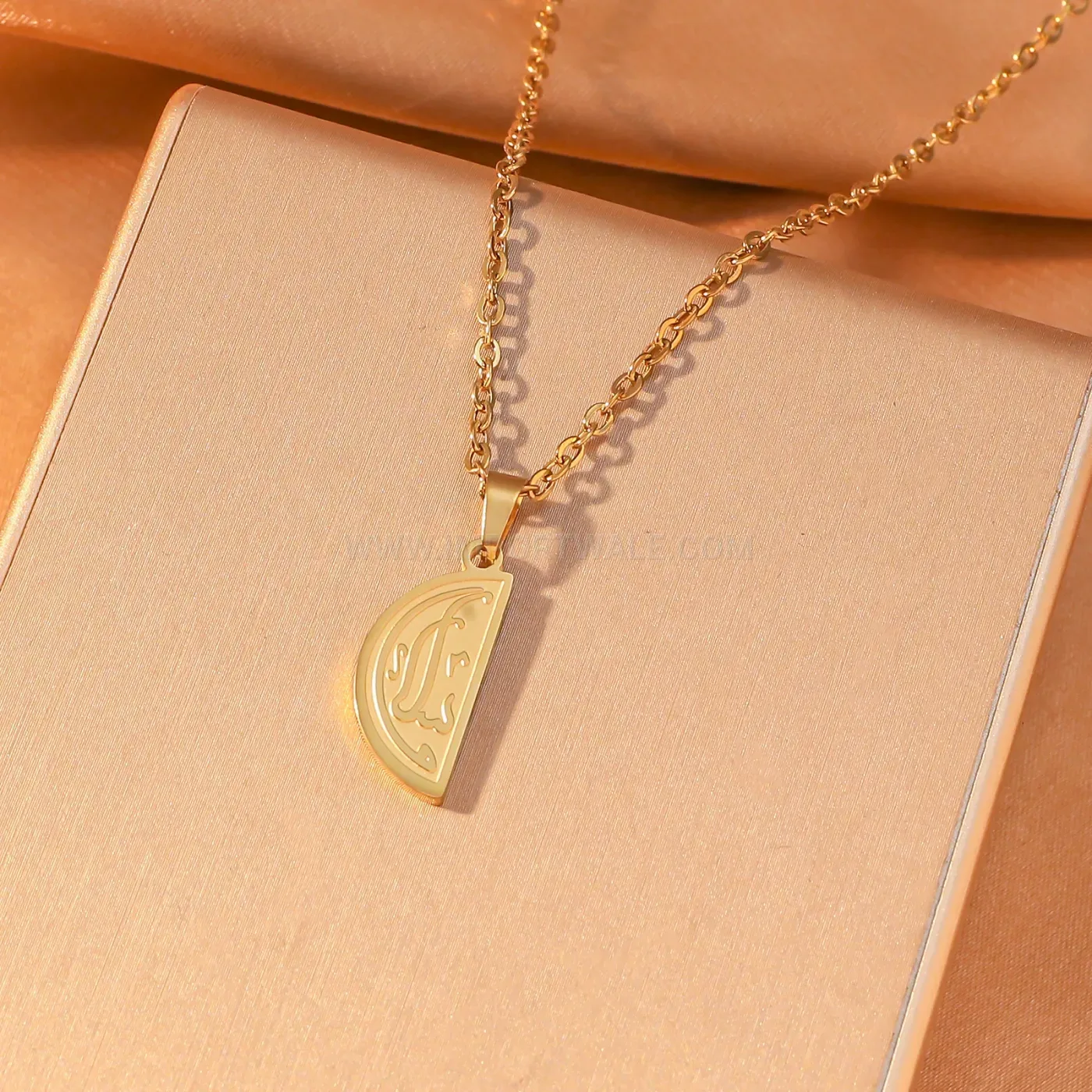 Stainless Steel Allah Calligraphy D-Shape Pendant Necklace