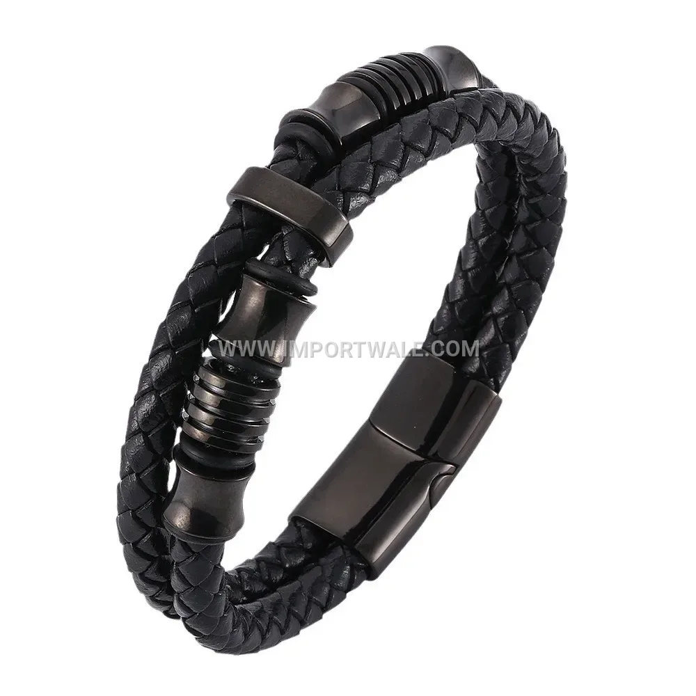 Dual-Layer Braided Leather Bracelet with Stainless Steel Elements