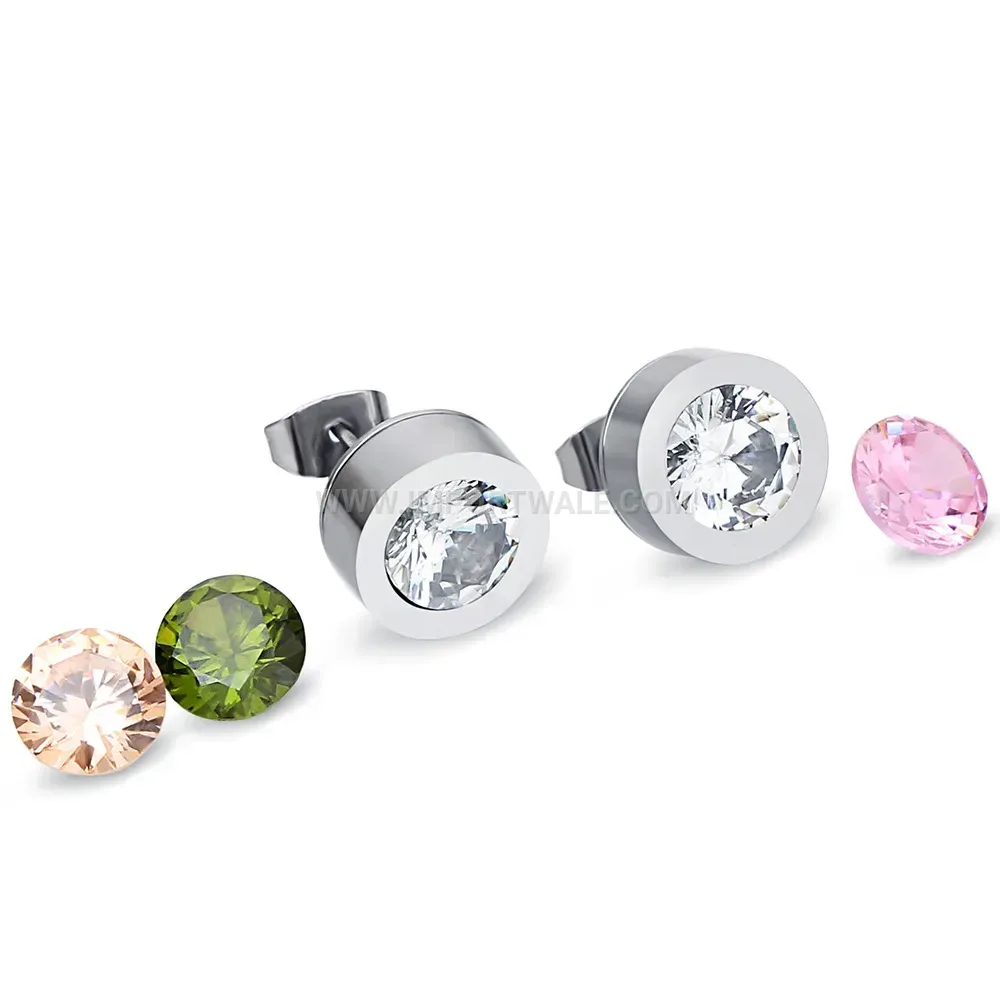 Stainless Steel Detachable Round Stud Earrings with Cubic Zirconia