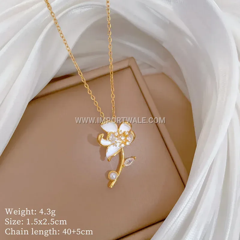 18K Gold Plated Stainless Steel Zircon Pearl Pendant Necklace