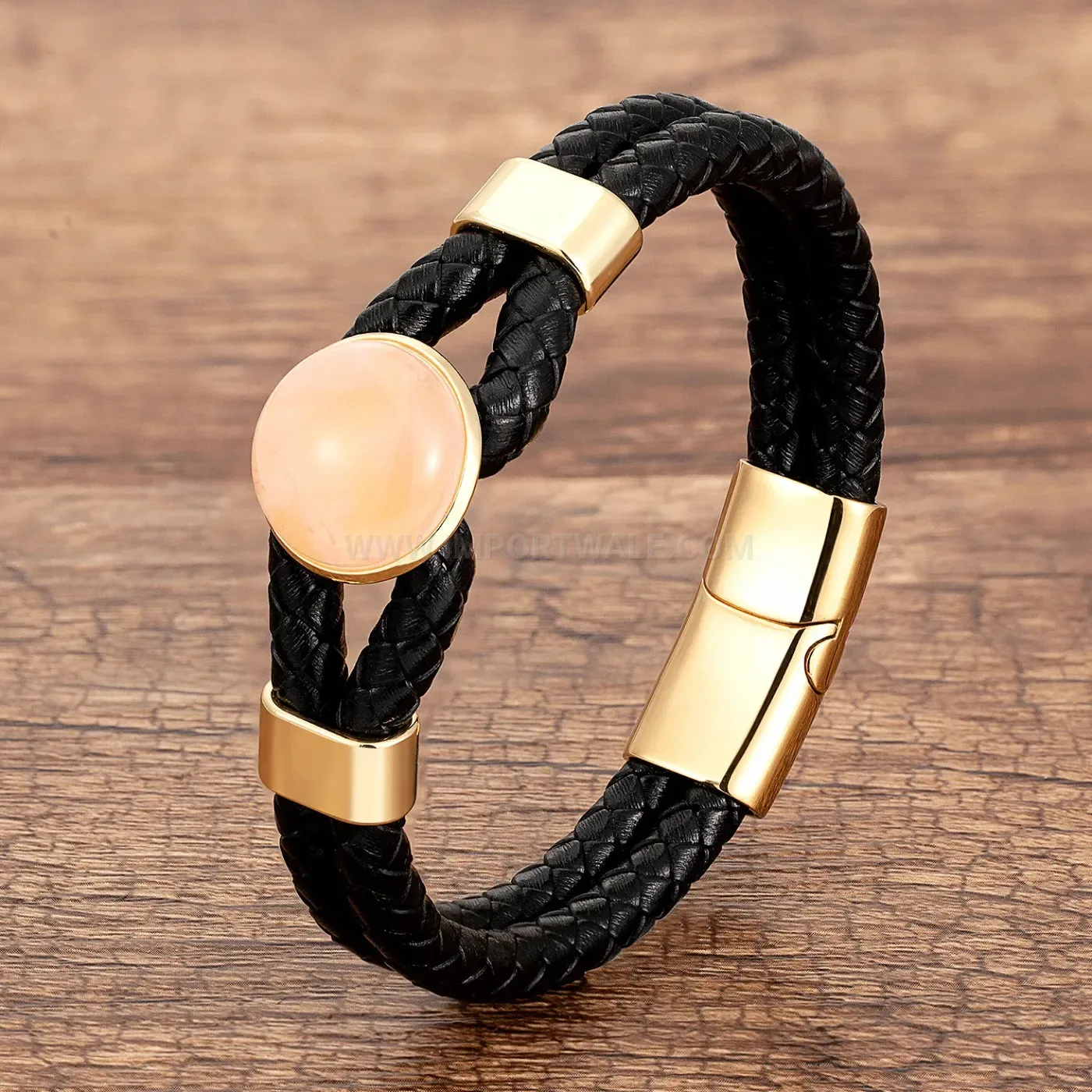 Handcrafted Braided Leather Bracelet with Round Natural Stone Accent
