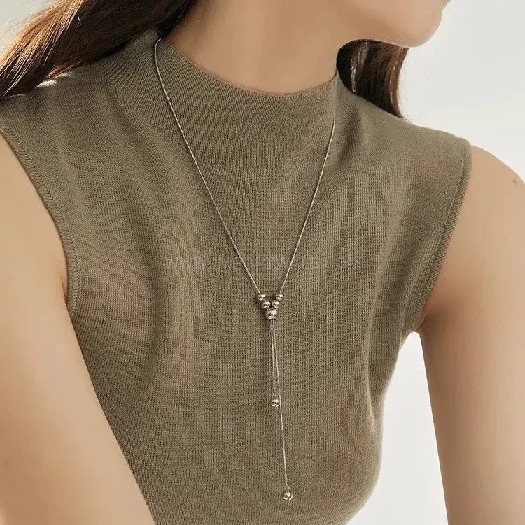 Elegant Adjustable Metallic Round Bead Stainless Steel Long Sweater Chain