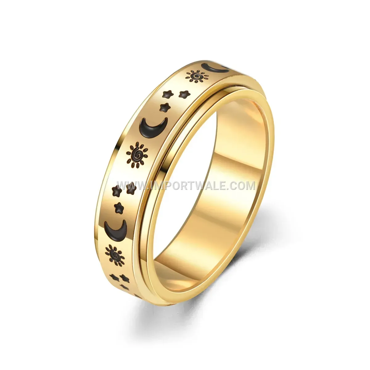 Celestial Sun Moon and Stars Engraved Stainless Steel Spinner Ring