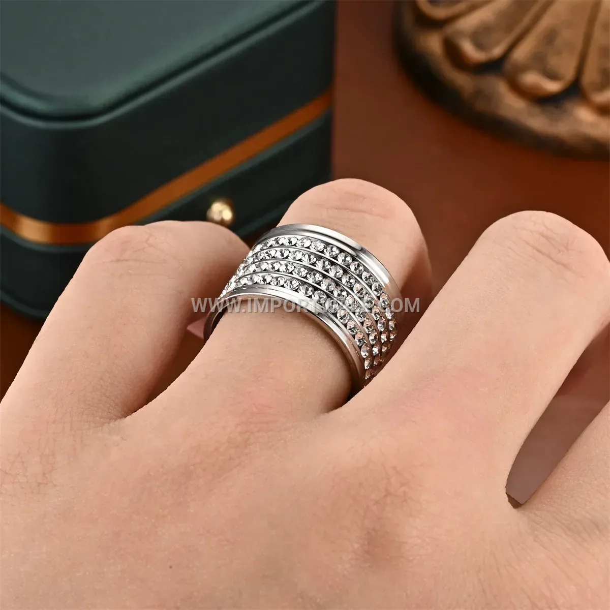 Four-Row Rhinestone Wide Stainless Steel Band Ring
