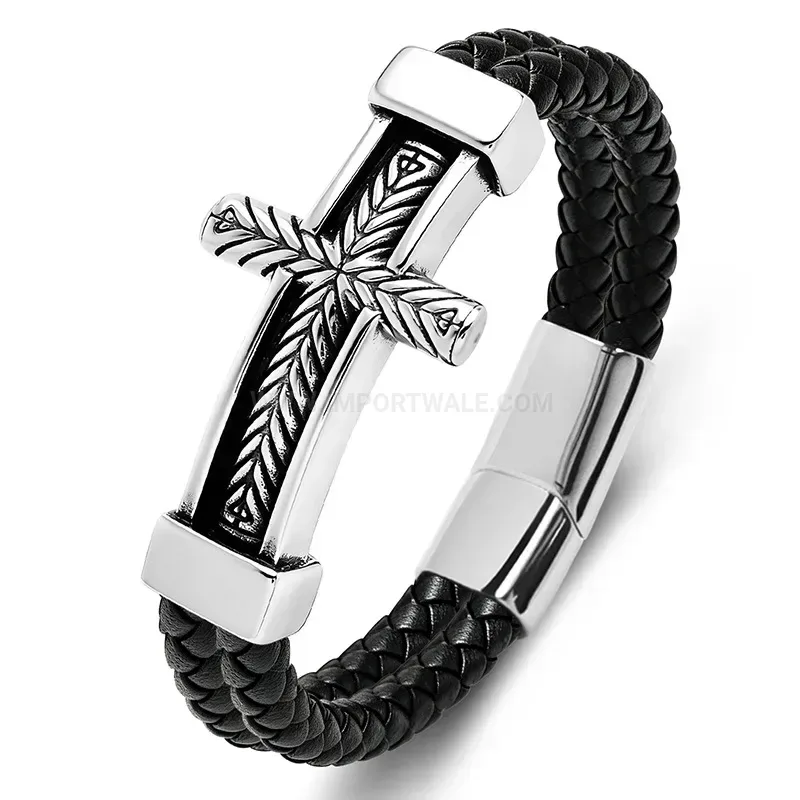 Elegant Cross Detail Two-Tone Woven Leather Men's Bracelet
