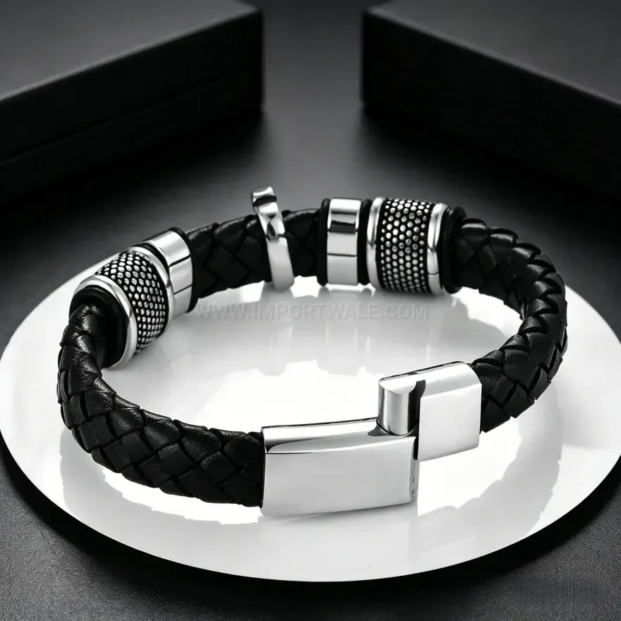 Bold Woven Leather Cross Bracelet With Alloy Magnetic Clasp