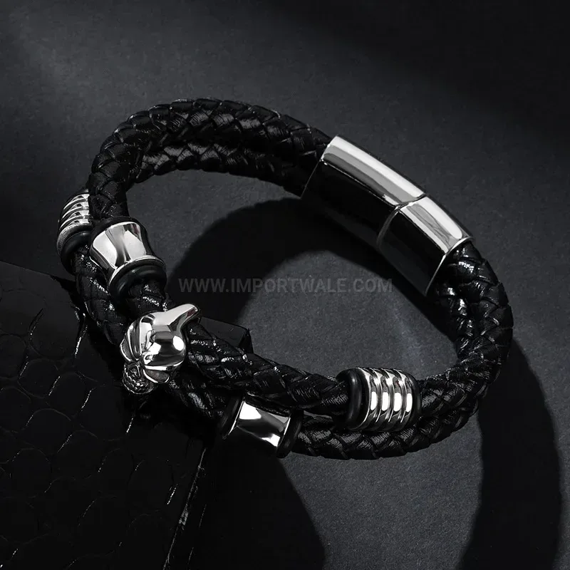 Chic Double Wrap Leather Bracelet With Stainless Steel Flame Skull Beads