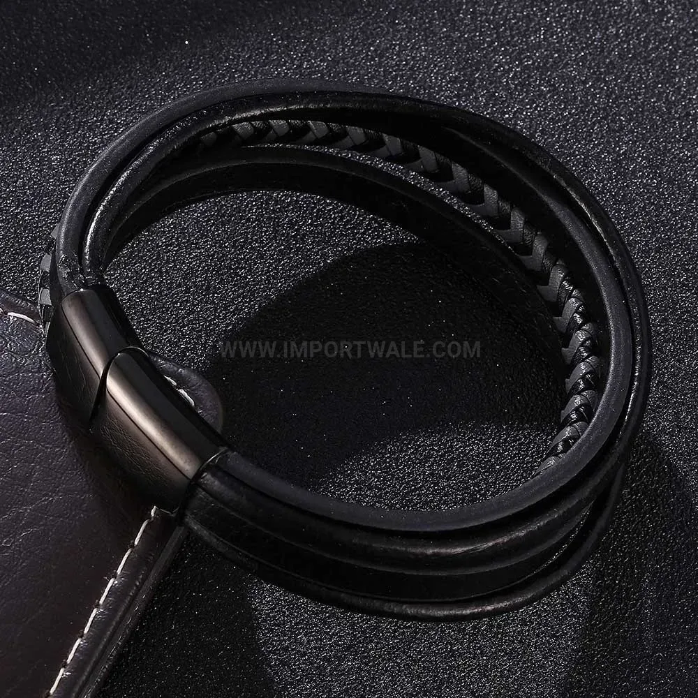 Braided Black Leather Multi Strand Bracelet with Black Magnetic Clasp
