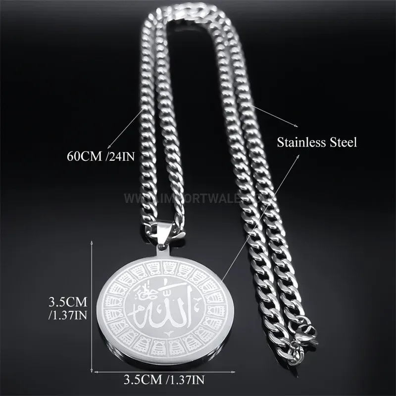 Round Stainless Steel Islamic Calligraphy Pendant Necklace for Men