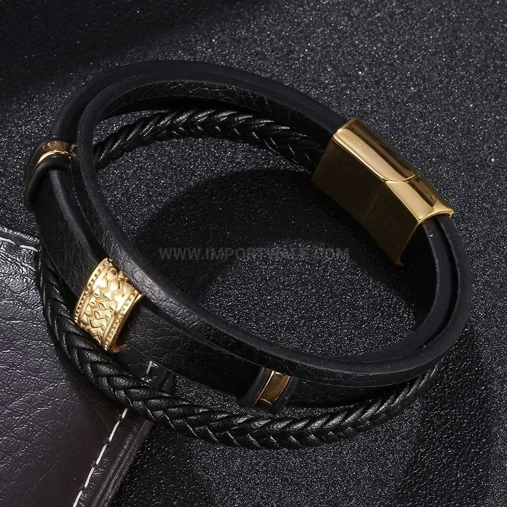 Multi-Strand Braided Leather Bracelet with Stainless Steel Accent