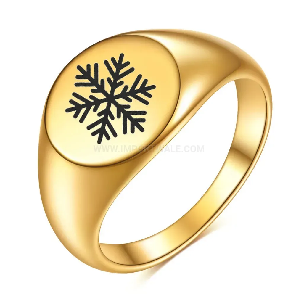 Chic Laser Engraved Snowflake Stainless Steel Round Signet Ring