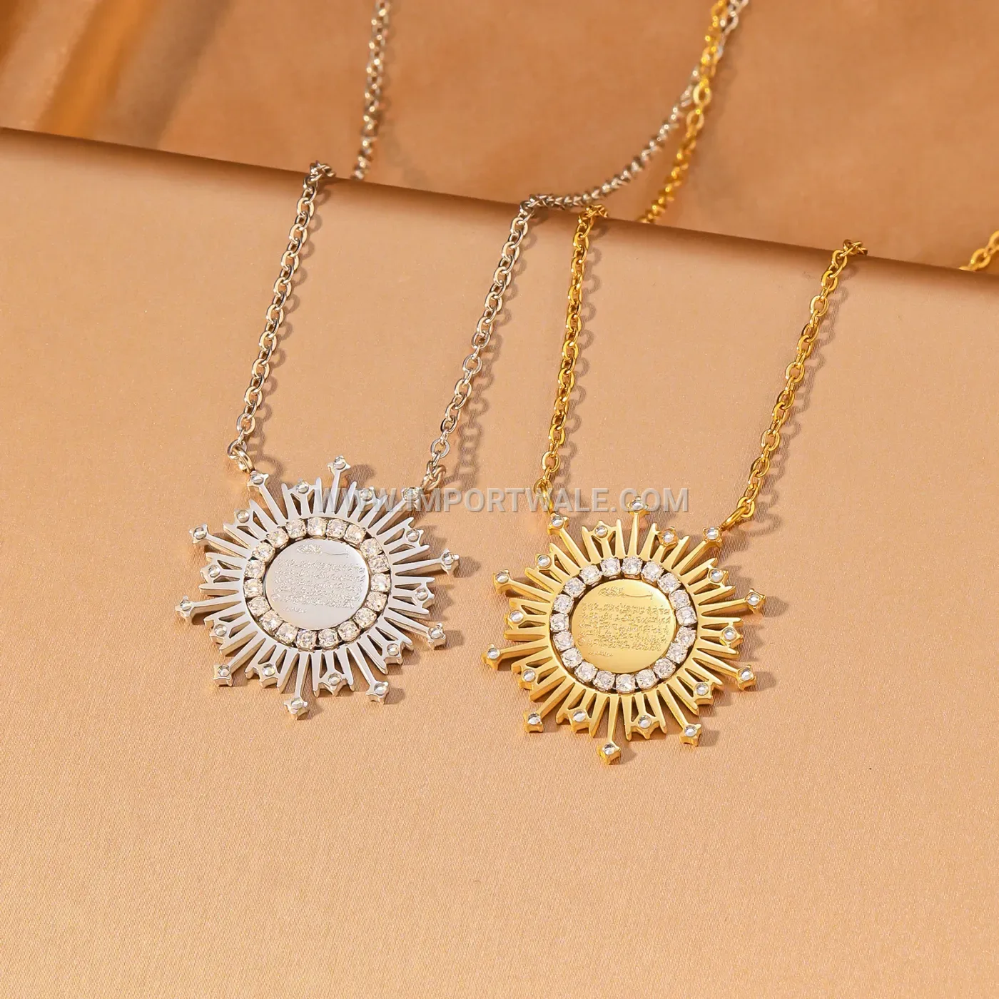 Zircon Stainless Steel Ayatul Kursi Sunburst Islamic Calligraphy Pendant Necklace