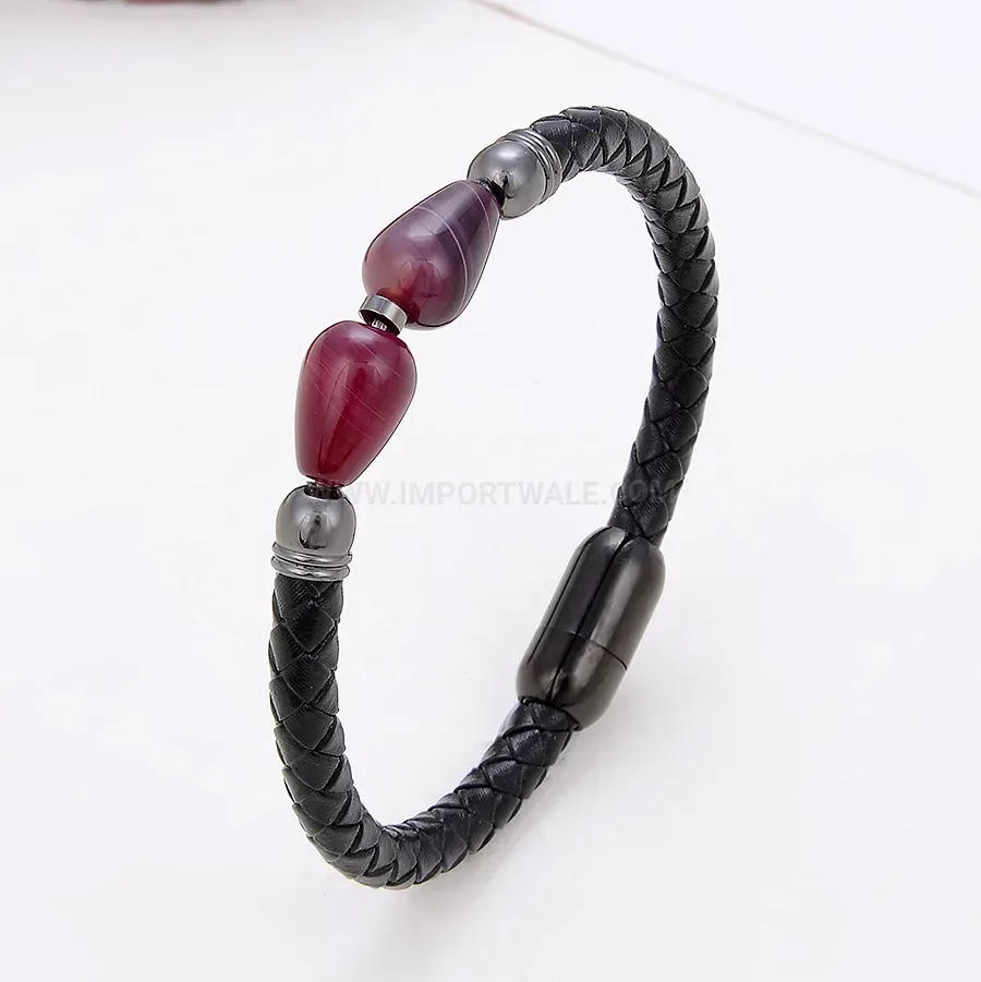 Retro Leather Stone Bracelet with Stainless Steel Magnetic Clasp