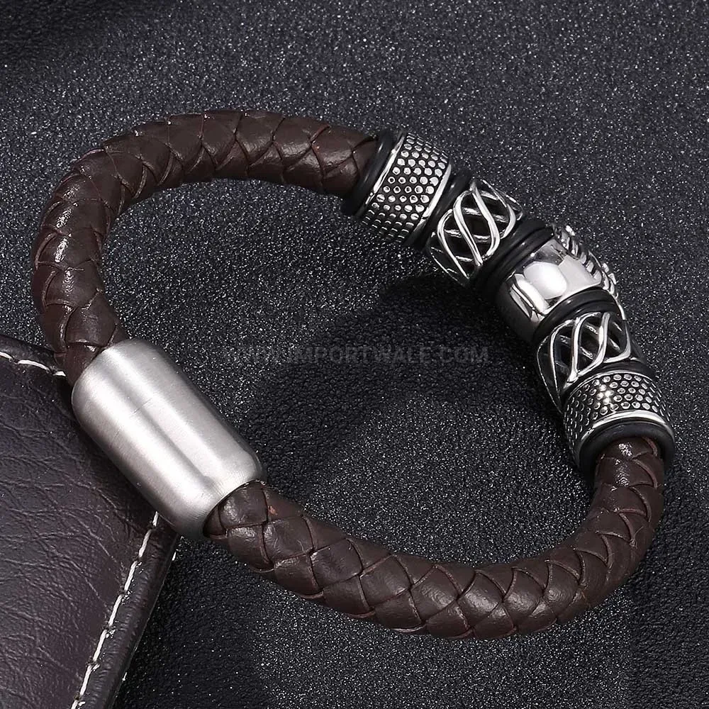 Classic Braided Brown Leather Bracelet with Stainless Steel Lion Accent