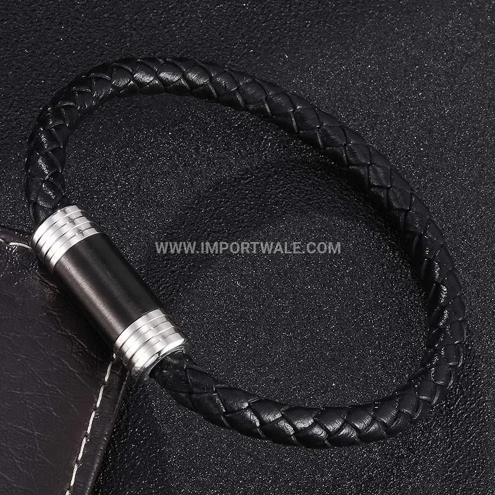 Woven Leather Strand Wristband with Black Metal Clasp