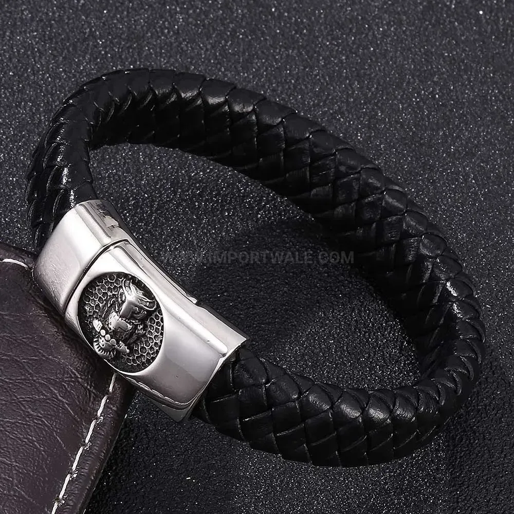 Woven Black Leather Wristband with Stainless Steel Accent Clasp