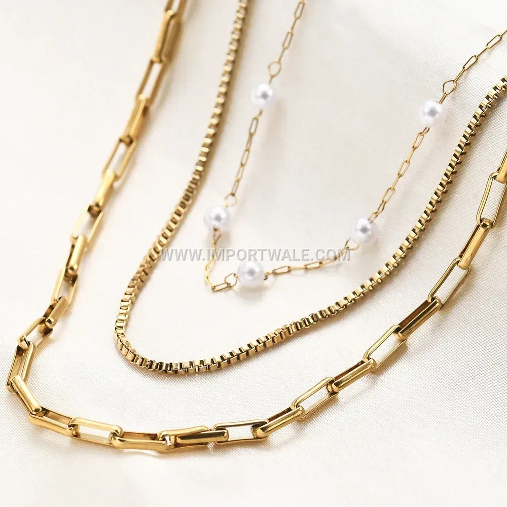 Layered Stainless Steel Chain Necklace with Pearl Accent