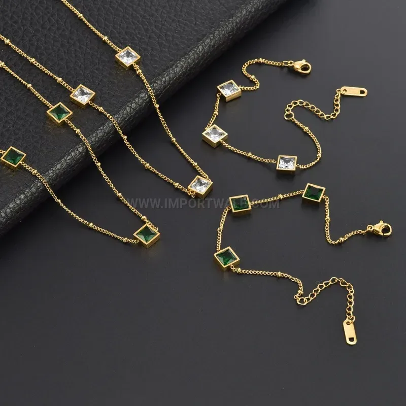 Modern French Square Cubic Zirconia 18K Gold Plated Steel Pendant Necklace