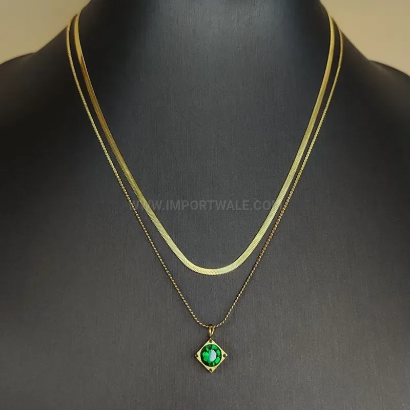 Double Layer Titanium Steel Chain Necklace with Green Square Crystal Pendant