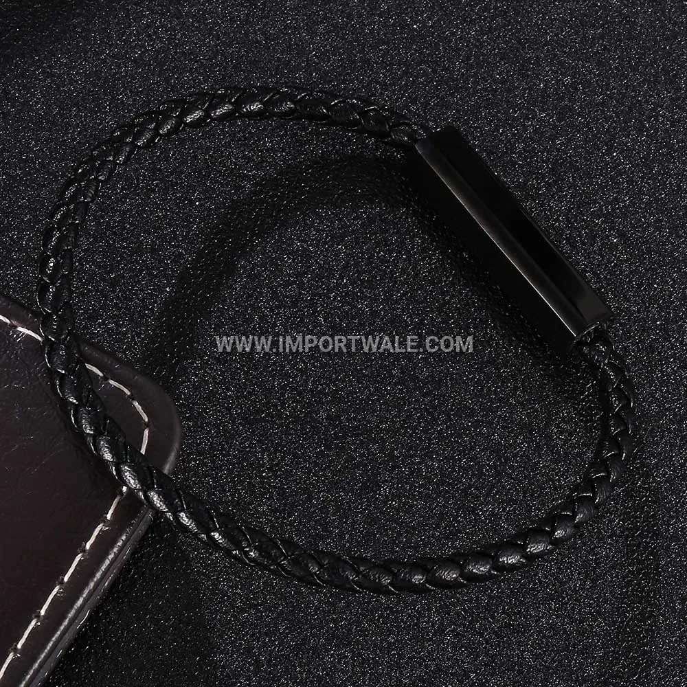 Electroplated Black Stainless Steel Braided Leather Men's Cord Bracelet