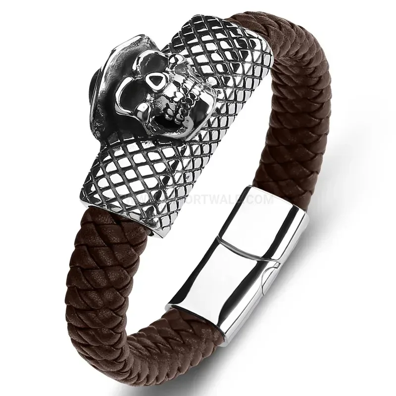 Textured Microfiber Leather Strap Bracelet with Stainless Steel Hooded Skull