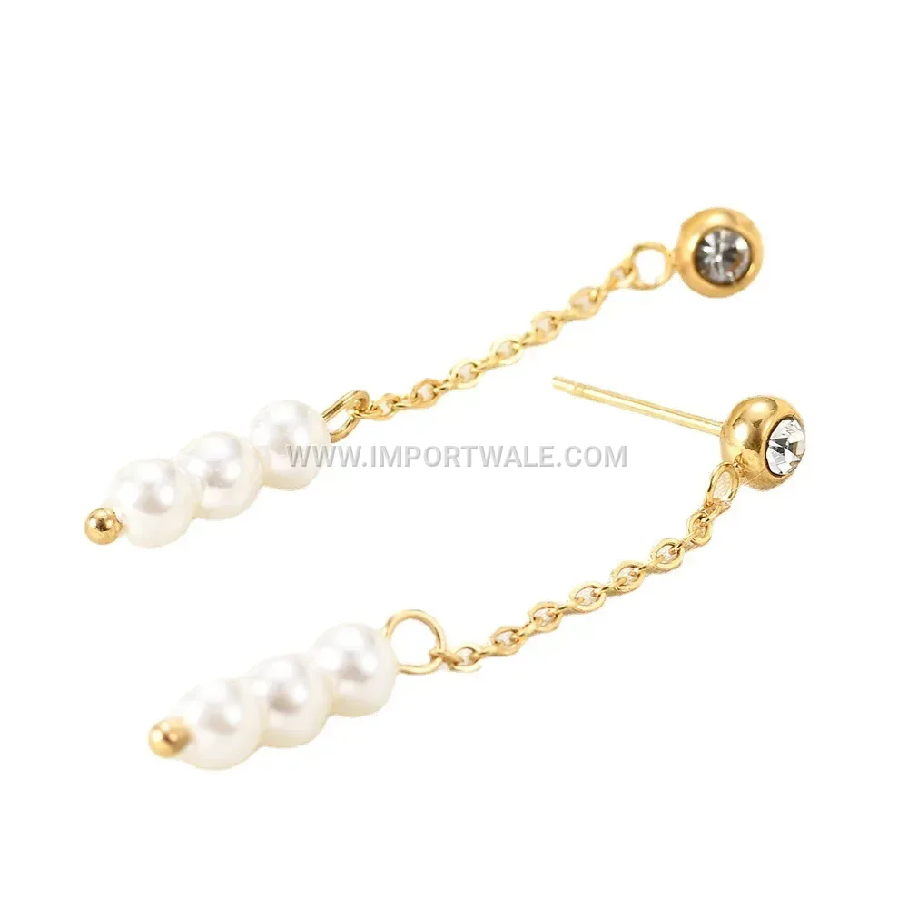 Faux Pearl and Crystal Dangle Stainless Steel Chain Earrings