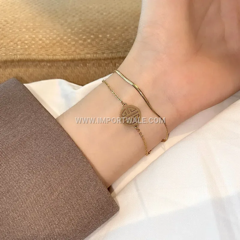 Layered Gold Stainless Steel Character Pendant Anklet and Bracelet