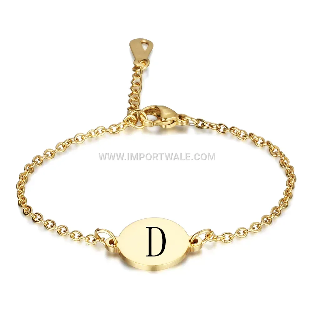 Stainless Steel Oval Engraved Initial Charm Bracelet