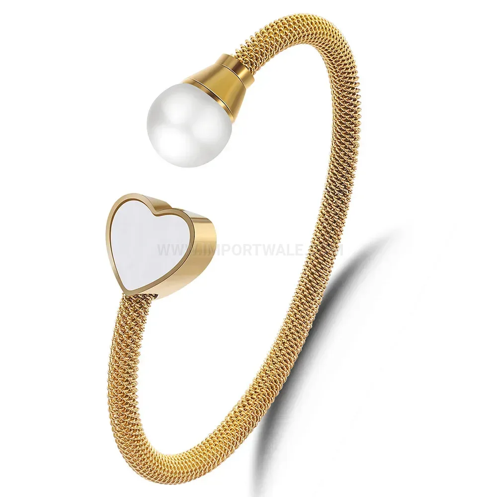 Modern Heart and Pearl Accent Stainless Steel Cable Bangle Bracelet