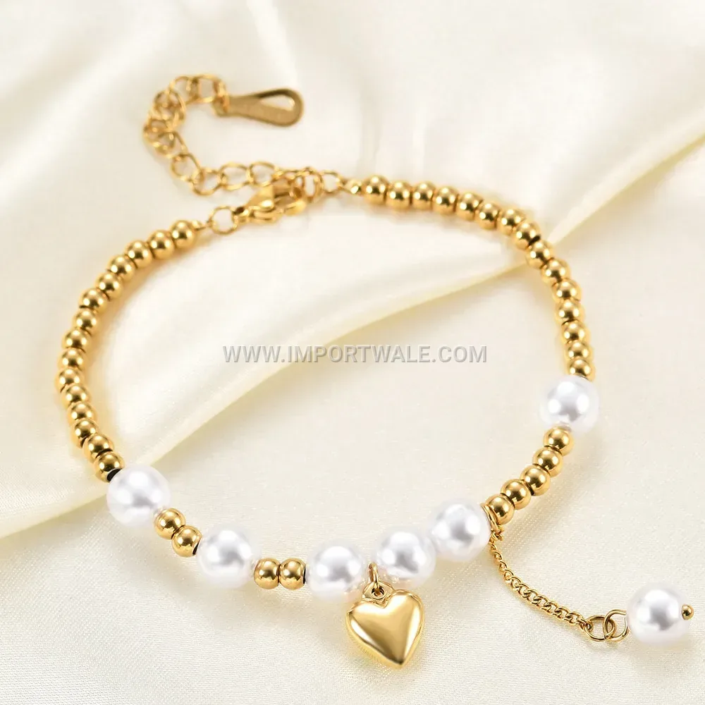 Polished Heart Charm Faux Pearl Beaded Bracelet