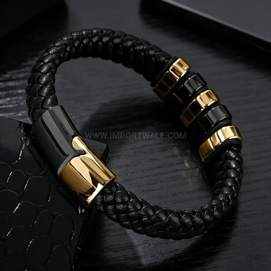 Designer Minimalist Alloy Stainless Steel Leather Cuffed Bracelet