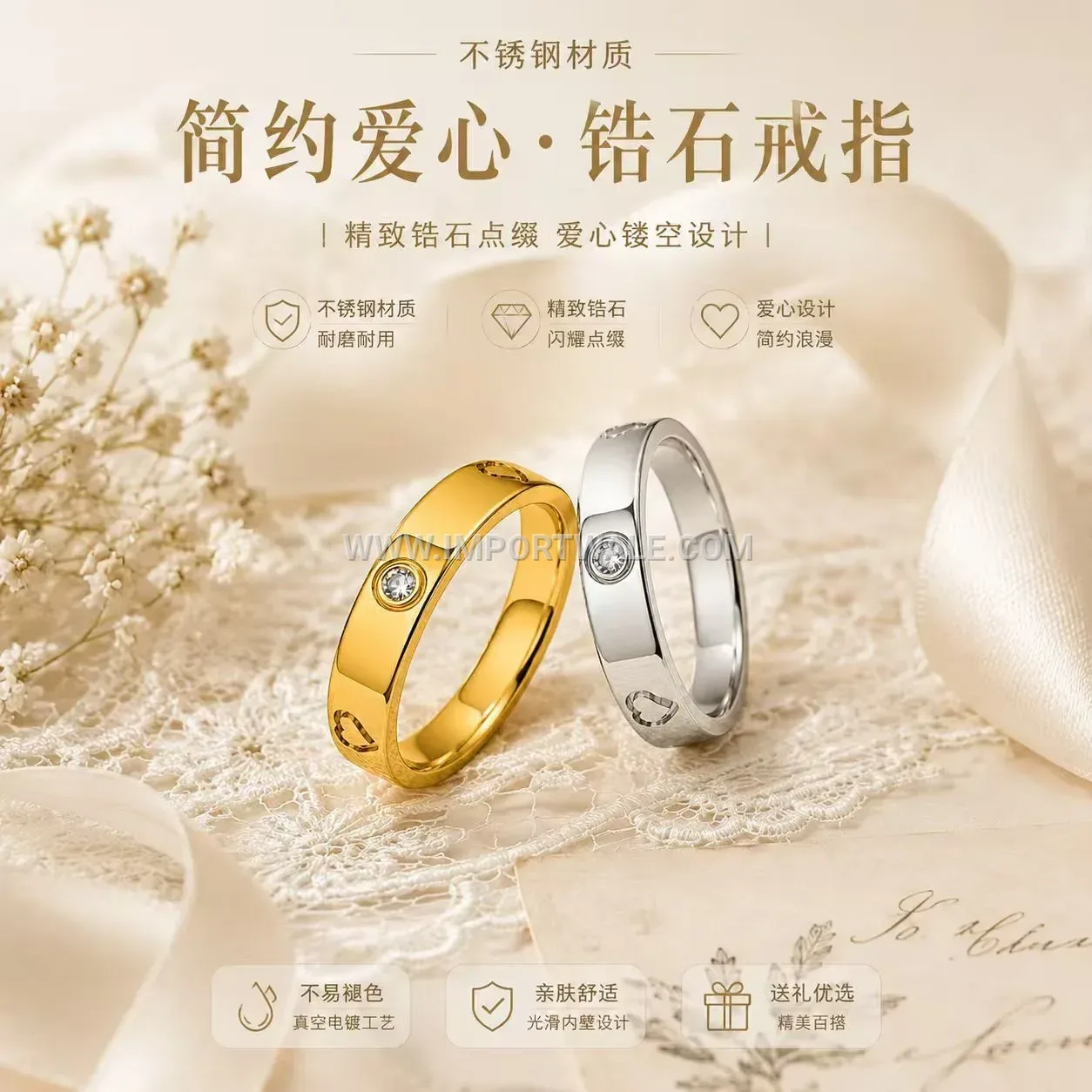 Heart Rhinestone Stainless Steel Band Ring