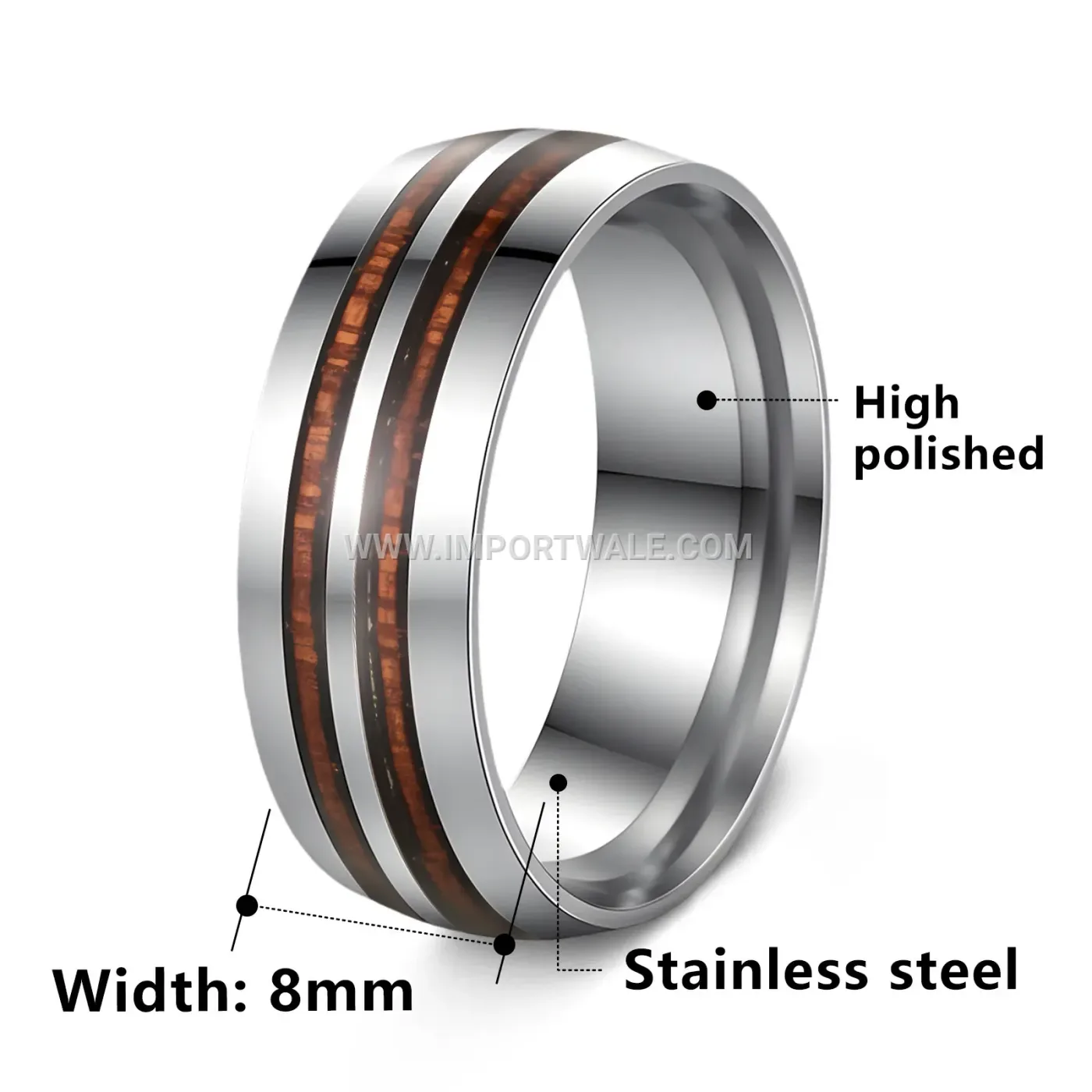 Stainless Steel Wood Inlay Double Groove Men's Ring