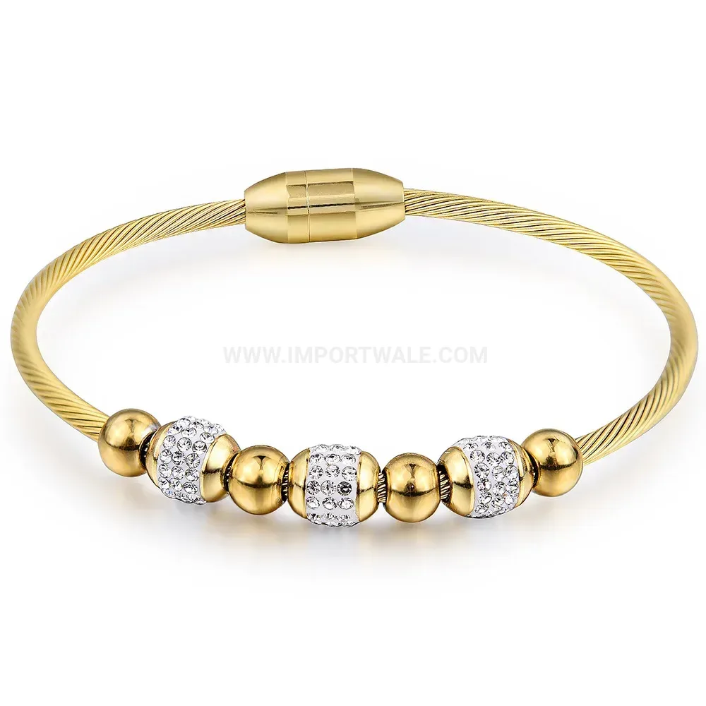 Chic Rhinestone Symmetrical Bead Magnetic Clasp Stainless Steel Bangle