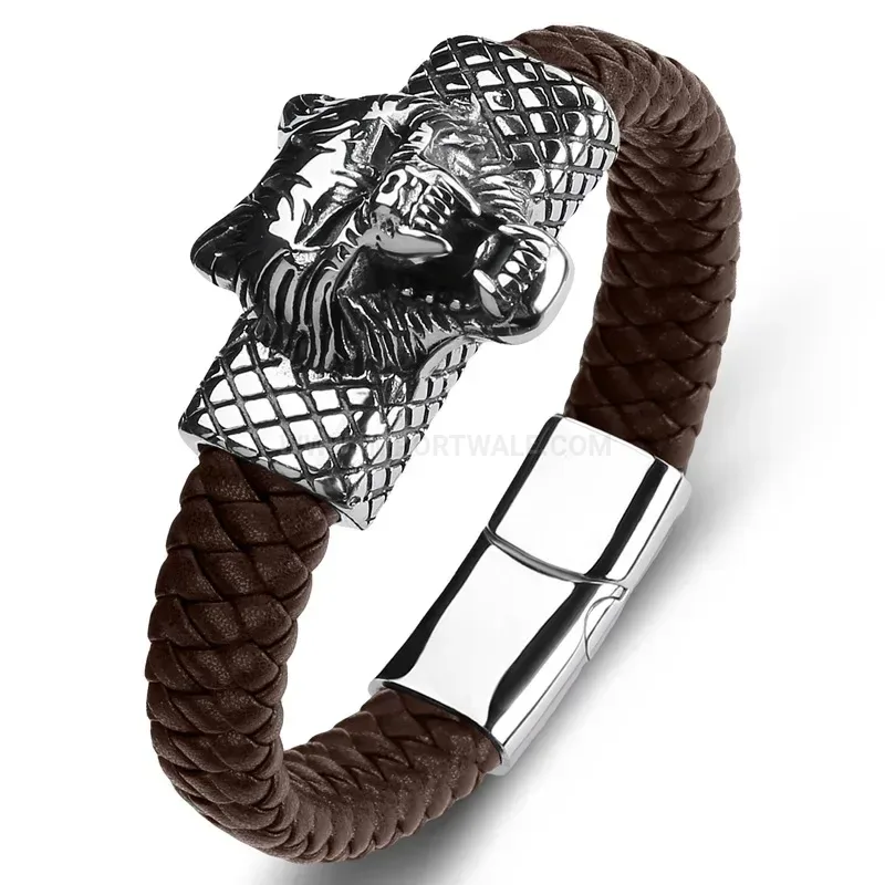 Stylish Liger King Stainless Steel and Multicolored Leather Men Bracelet