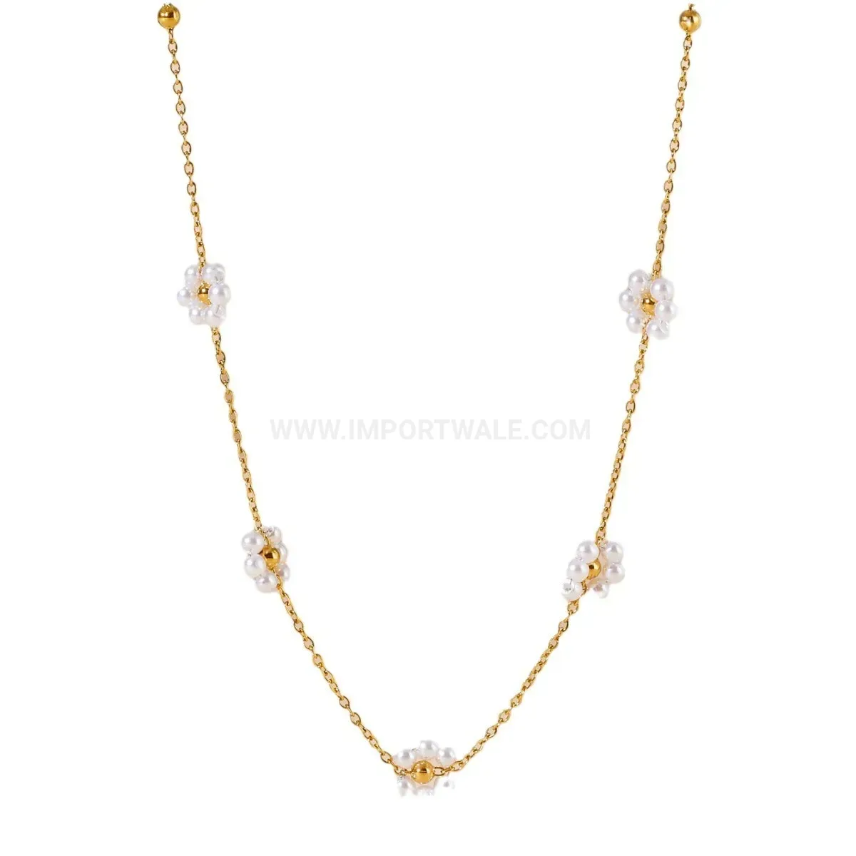Classic Titanium Steel Floral Pearl Pendant Snake Chain Jewelry Set