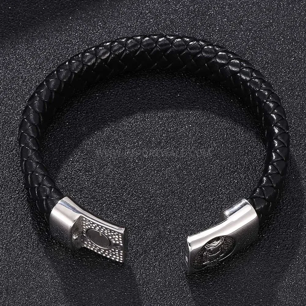 Woven Black Leather Wristband with Stainless Steel Accent Clasp