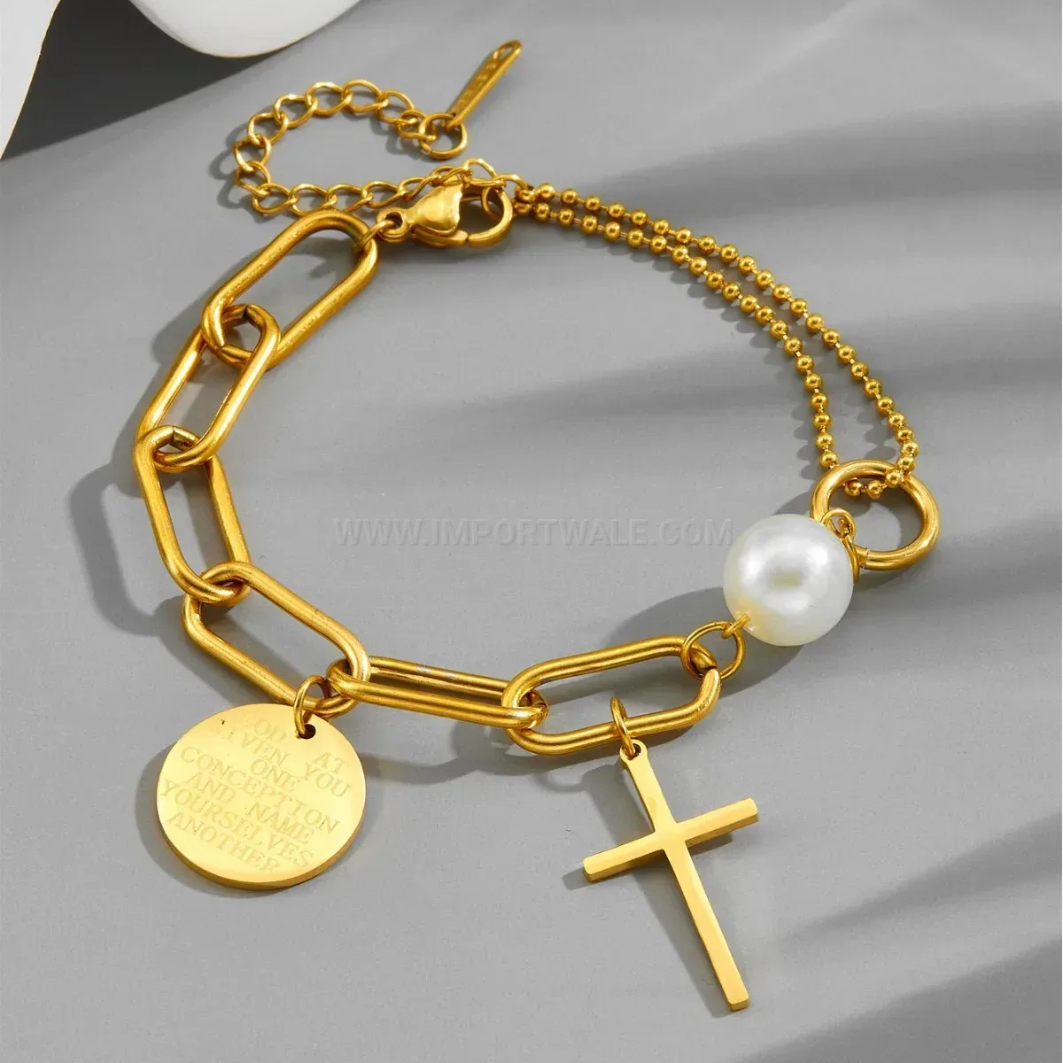 Gold Plated Titanium Steel Cross Pearl Accent Bracelet
