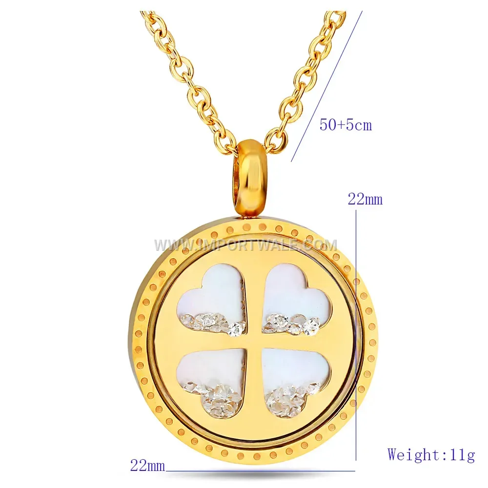 Gold Stainless Steel Cutout Clover Pendant Necklace with Crystal Accent
