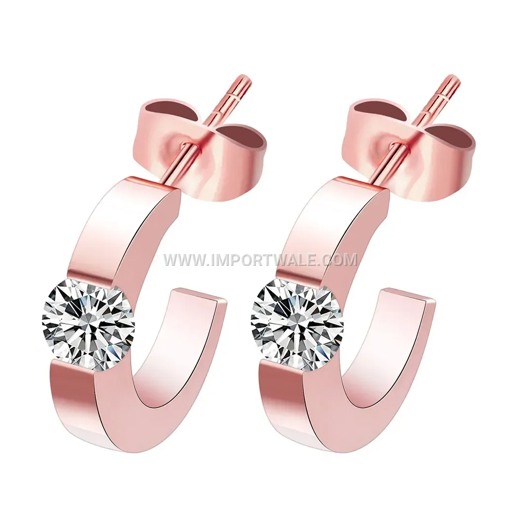 Curved C-Shape Stainless Steel Stud Earrings with Zirconia