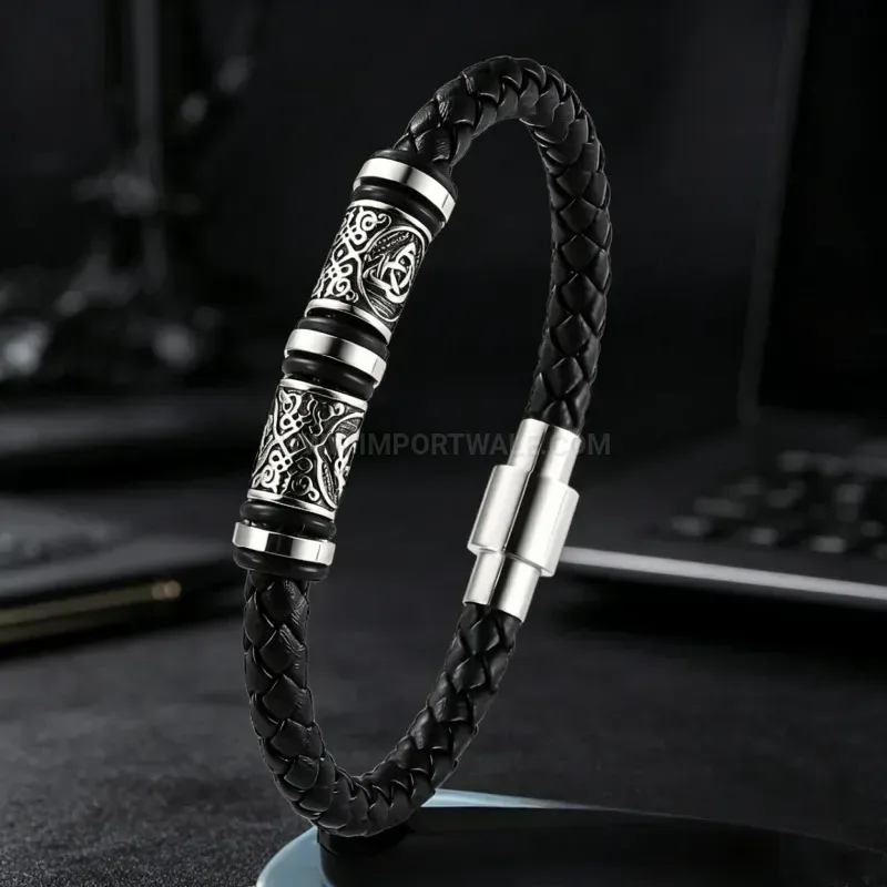 Elegant Men Braided Leather Bracelet with Viking Patterned Beads