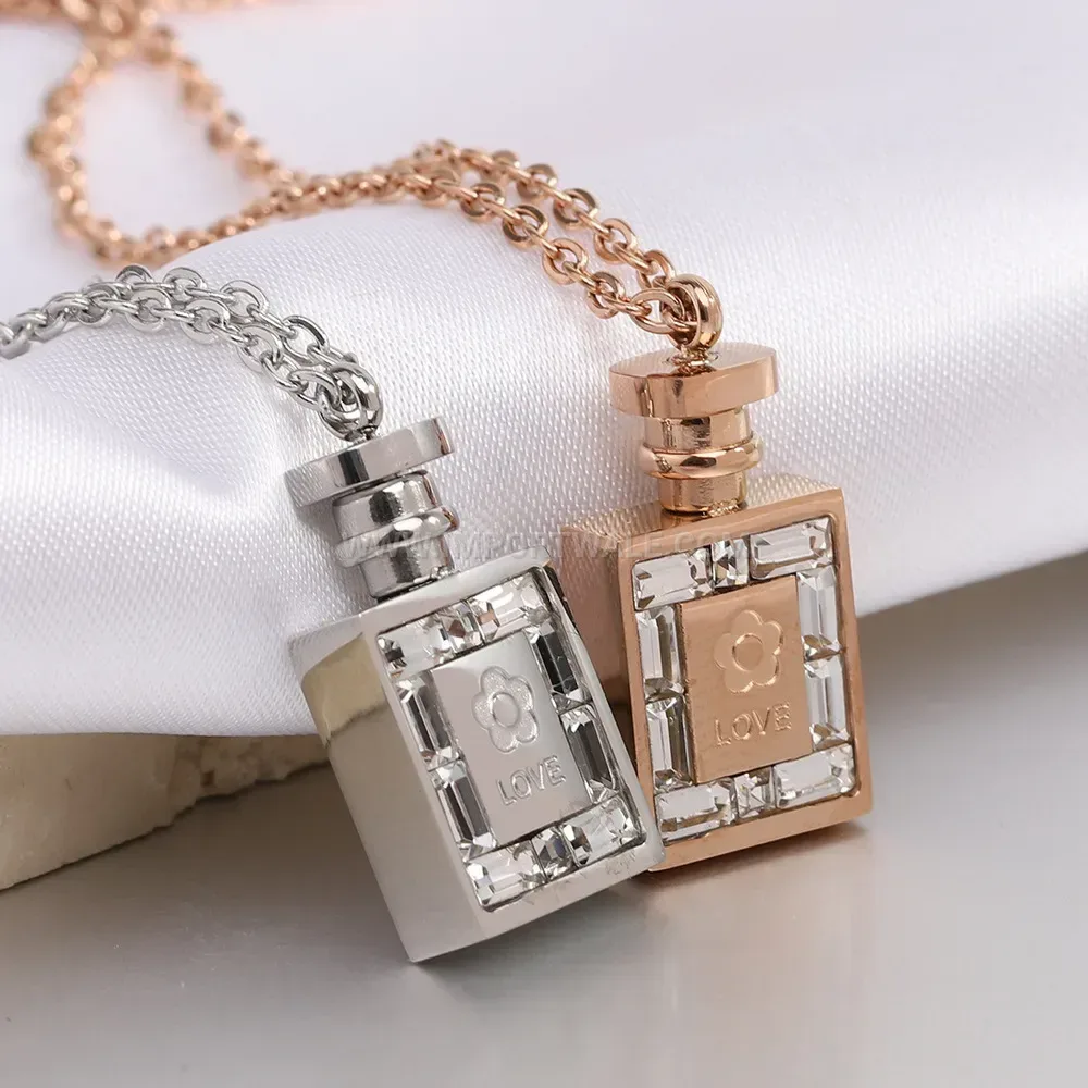 Engraved Love Perfume Bottle Stainless Steel Pendant Necklace